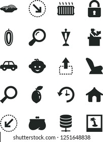 Solid Black Vector Icon Set - car child seat vector, motor vehicle, children's hairdo, lock, left bottom arrow, big data server, move up, right, slices of onion, sweet date fruit, sour lime, purse