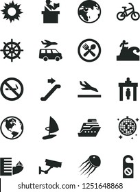 Solid Black Vector Icon Set - earth vector, bike, escalator, security gate, passort control, arrival, hotel, sun, disco ball, cafe, surfing, transfer, surveillance, no smoking sign, handwheel