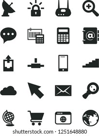 Solid Black Vector Icon Set - envelope vector, zoom, upload archive data, calculation, speech, smartphone, address book, cart, magnifying glass, router, browser, connect, cursor, cloud, encrypting