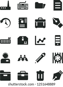 Solid Black Vector Icon Set - graphite pencil vector, keyboard, graph, portfolio, case, folder, cardboard box, operator, conversation, radiator fan, pc tower, motherboard, router, trash bin, history