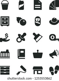 Solid Black Vector Icon Set - scribbled paper vector, hat, bedside table, storage unit, dummy, roly poly doll, measuring tape, bucket, new roller, sample of colour, putty knife, soda can, stall
