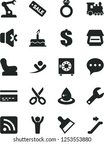 Solid Black Vector Icon Set - repair key vector, scissors, bank card, dollar, rss feed, Baby chair, cake, putty knife, speech, no sound, strongbox, drop of oil, assembly robot, season sale, scanner