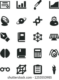 Solid Black Vector Icon Set - vector e, glasses, dna, brain, bactery, book, pipette, scientist, clipboard, calculator, growth graph, sun panel, satellite antenna, saturn, patente, 3d cube, ink pen