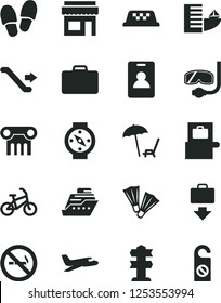 Solid Black Vector Icon Set - plane vector, taxi, bike, escalator, identity card, suitcase, baggage scanner, getting, hotel, arnchair under umbrella, flippers, diving mask, store, no smoking sign