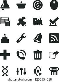Solid Black Vector Icon Set - bell vector, plus, silent mode, rss feed, calculation, dust bin, phone call, move right, birthday cake, steel repair key, pan, mouse, dna, settings, satellite, confirm