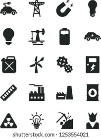 Solid Black Vector Icon Set - matte light bulb vector, dangers, charge level, working oil derrick, coal mining, wind energy, power pole, industrial building, thermal plant, gears, canister, memory