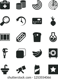 Solid Black Vector Icon Set - first aid kit vector, window frame, washbasin, strongbox, coins, copy, Easter cake, Hot Dog, beet, soda can, bananas, caliper, magnifier, front of the bank card, flask