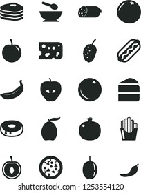 Solid Black Vector Icon Set - deep plate with a spoon vector, sausage, piece of cheese, pizza, Hot Dog, cake, hole, fried potato slices, pancakes, orange, pomegranate, tasty apple, mulberry, loquat