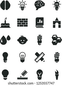 Solid Black Vector Icon Set - matte light bulb vector, children's hairdo, box of bricks, cake, brickwork, saving, writing accessories, drawing, honeycombs, drop, energy, book on statistics, brain