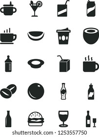 Solid Black Vector Icon Set - mug for feeding vector, measuring bottle, e, packing of juice with a straw, coffee, burger, plate milk, beans, cup tea, coffe to go, cocktail, glass, soda can, orange