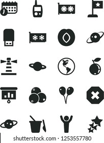 Solid Black Vector Icon Set - mark of injury vector, toy mobile phone, children's sand set, colored air balloons, planet, plum, blueberry, blueberries, Earth, lighthouse, schedule, presentation