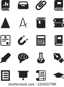 Solid Black Vector Icon Set - calculator vector, book, new abacus, stacking toy, books, drawer, clip, flask, magnet, scribed compasses, text highlighter, on statistics, research article, brain