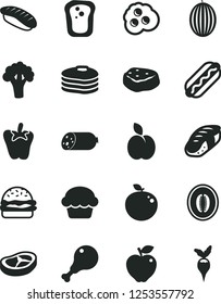 Solid Black Vector Icon Set - sausage vector, Hot Dog, burger, cake, chicken leg, bacon, piece of meat, peper, sushi, japanese, omelette, apple, pancakes, sandwich, red, melon, half, delicious