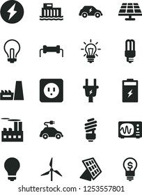 Solid Black Vector Icon Set - matte light bulb vector, incandescent lamp, saving, power socket type b, charging battery, solar panel, windmill, hydroelectric station, electric plug, thermal plant