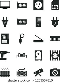 Solid Black Vector Icon Set - keyboard vector, cordless drill, plummet, screen, plug, electric, socket, SIM, cast iron radiator, fan, pc tower, motherboard, gpu card, hdd, scanner, telescope, camera