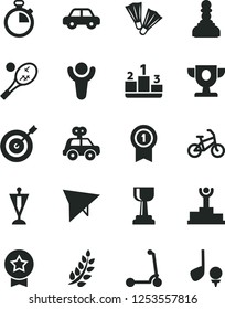 Solid Black Vector Icon Set - stopwatch vector, motor vehicle, present, child Kick scooter, pedestal, winner, laurel branch, podium, prize, gold cup, pawn, pennant, target, medal with, star, bike