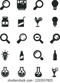 Solid Black Vector Icon Set - matte light bulb vector, magnifier, zoom out, e, a glass of tea, cocktail, jar jam, liquor, round flask, bottle, magnifying