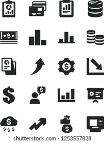 Solid Black Vector Icon Set - growth up vector, dollar, bar chart, negative, cards, coins, column of, statistical report, overview, cash, research, financial, graph, money bag hand, arrow, rain, atm