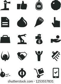 Solid Black Vector Icon Set - scribbled paper vector, spatula, core, index finger, thumb up, shipment, grill chicken leg, cabbage, fig, half of medlar, loquat, physalis, assembly robot, catch a coin