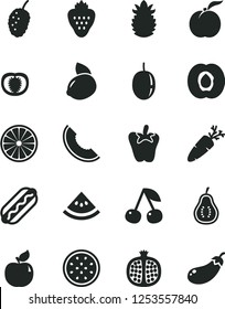 Solid Black Vector Icon Set - Hot Dog vector, peper, carrot, strawberry, cherry, ripe peach, half apricot, pomegranate, tasty mulberry, slice of melon, passion fruit, yellow lemon, orange, pineapple
