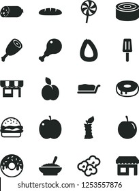 Solid Black Vector Icon Set - kiosk vector, sausage, stick of, loaf, canned goods, burger, cake slice, with a hole, glazed, bowl buckwheat porridge, chicken leg, thigh, lollipop, popcorn, popsicle