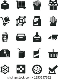 Solid Black Vector Icon Set - cargo trolley vector, grocery basket, e, packing of juice with a straw, put in box, drawer, strongbox, cardboard, package, shipment, unpacking, pizza, French fries