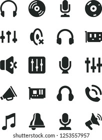 Solid Black Vector Icon Set - bell vector, desktop microphone, horn, silent mode, headphones, music, CD, regulator, no sound, phone call, pc card, settings, loudspeaker