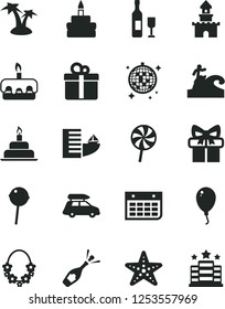 Solid Black Vector Icon Set - balloon vector, birthday cake, gift, torte, Chupa Chups, lollipop, wall calendar, sand castle, wine, champagne, car baggage, hotel, palm tree, hawaii wreath, disco ball