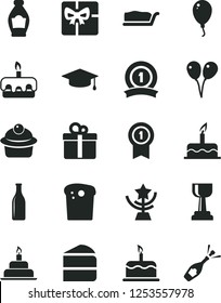 Solid Black Vector Icon Set - colored air balloons vector, balloon, cake, birthday, gift, Easter, muffin, piece of, slice, torte, bottle, Glass, giftbox, gold cup, star, graduate, medal with pennant