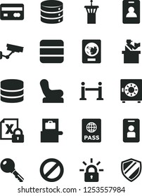Solid Black Vector Icon Set - prohibition vector, Baby chair, key, passport, big data, strongbox, reverse side of a bank card, encrypting, airport tower, rope barrier, identity, baggage scanner