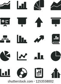 Solid Black Vector Icon Set - upward direction vector, growth up, pie chart, line, graph, negative histogram, positive, sample of colour, flowchart, statistical report, ring diagram, charts, arrow
