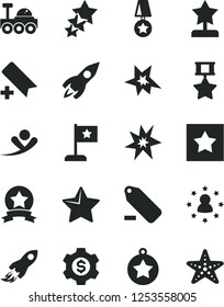 Solid Black Vector Icon Set - add bookmark vector, remove label, star, rocket, space, lunar rover, bang, reward, medal, flag, hero, ribbon, dollar gear, stars around man, three, flying, starfish