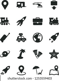 Solid Black Vector Icon Set - sign of the planet vector, briefcase, motor vehicle present, baby toy train, location, geolocation, space rocket, saturn, helicopter, camper, rolling case, palm tree