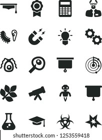 Solid Black Vector Icon Set - flask vector, telescope, bulb, gears, bactery, biohazard, magnet, scientist, graduate hat, calculator, artifical insimination, radar, medal, robot, biology, bang