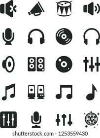 Solid Black Vector Icon Set - desktop microphone vector, horn, loudspeaker, drum, headphones, music, CD, regulator, volume, no sound, pc speaker, note, settings, disco ball