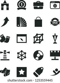 Solid Black Vector Icon Set - paper bag vector, warm socks, Knitted, box of bricks, color samples, label, lighthouse, billboard with illumination, portfolio, ring diagram, sale, browser, 3d cube