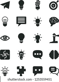 Solid Black Vector Icon Set - image of thought vector, matte light bulb, paper airplane, Puzzle, Puzzles, saving, eye, coastal lighthouse, think, speech, brain, target, dialog