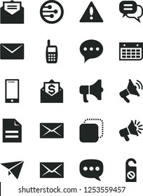 Solid Black Vector Icon Set - warning vector, envelope, scribbled paper, received letter, speech, smartphone, megaphone, copy, loudspeaker, wall calendar, mobile phone, network, mail, dialog, plane