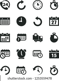 Solid Black Vector Icon Set - daily calendar vector, clockwise, counterclockwise, wall clock, alarm, timer, delivery, 24, watch, agenda, schedule, history, stopwatch