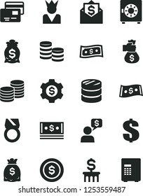 Solid Black Vector Icon Set - dollar vector, strongbox, cards, coins, column of, dollars, cash, gold ring, money bag hand, coin, gear, king, mail, dialog, safe