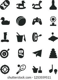 Solid Black Vector Icon Set - paper airplane vector, rubber duck, bath ball, stacking rings, roly poly doll, tumbler, toy sand set, children's, yule, rocking horse, small, joystick, cup, pawn, aim