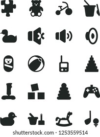 Solid Black Vector Icon Set - loudspeaker vector, rubber duck, baby duckling, bath ball, stacking rings, toy, roly poly doll, phone, sand set, children's, small teddy bear, rocking horse, tricycle
