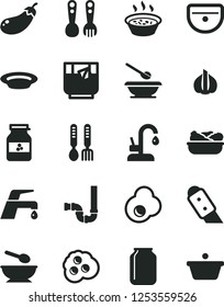 Solid Black Vector Icon Set - deep plate with a spoon vector, plates and spoons, plastic fork, iron, sink, siphon, knife, faucet mixer, kitchen, porridge in saucepan, lettuce, glass of tea, omelette