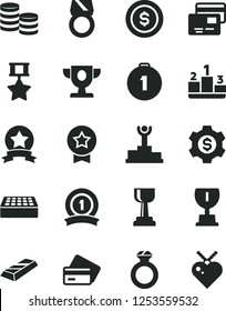 Solid Black Vector Icon Set - brick vector, cards, pedestal, coins, winner podium, prize, award, gold cup, first place medal, ribbon, hero, star, diamond ring, bar, dollar coin, gear, credit card