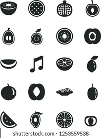 Solid Black Vector Icon Set - music vector, slices of onion, orange slice, half apricot, pomegranate, mango, peach, tangerine, loquat, cherry, passion fruit, kiwi, sour lime, guawa, piece coconut