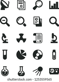 Solid Black Vector Icon Set - magnifier vector, zoom out, negative histogram, artificial satellite, round flask, radiation, dish, ring diagram, pie charts, statistical research, article, test tube