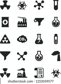 Solid Black Vector Icon Set - round flask vector, manufacture, factory, oil, industrial building, radiation, carbon dyoxide, filter, water, research article, test tube, molecule, nuclear, biohazard