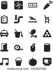 Solid Black Vector Icon Set - children's sand set vector, a chair for feeding child, Puzzles, concrete mixer, long meashuring tape, bucket, car, survey, tin, persimmon, carrot, water pipes, barrel