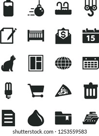 Solid Black Vector Icon Set - folder bookmark vector, baby cot, winch hook, big core, window, calendar, dust bin, notes, piece of pizza, fig, charge level, mercury light bulb, cart, globe, wall