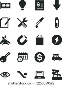 Solid Black Vector Icon Set - matte light bulb vector, laptop, downward direction, paper bag, small tools, key, eye, notes, environmentally friendly transport, horseshoe magnet, dollar, gpu card